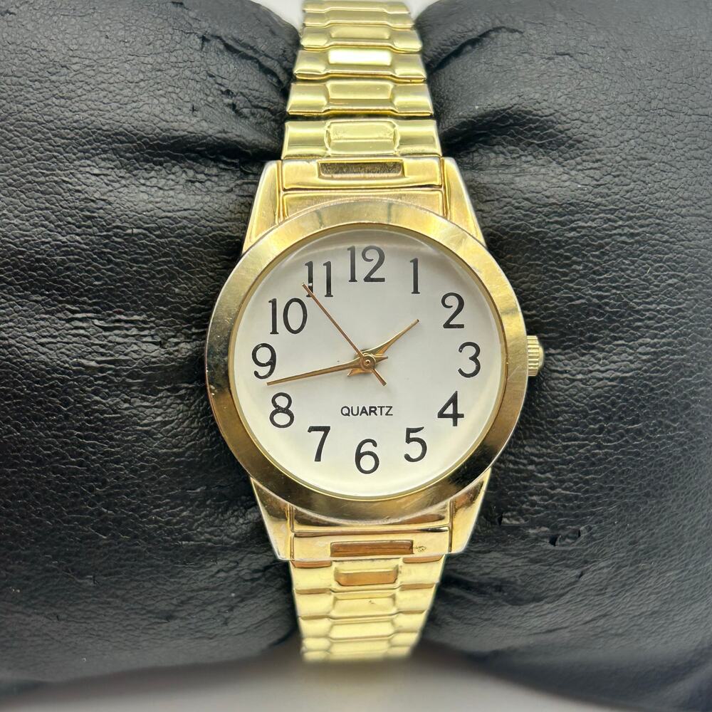 Ladies Gold Tone White Dial Quartz Watch Stretch Band Working New Battery